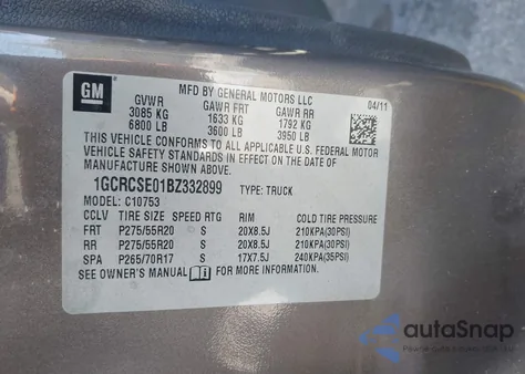 2011 Chevrolet Silverado 1500 Lt z USA, uszkodzony, nr VIN 1GCRCSE01BZ332899